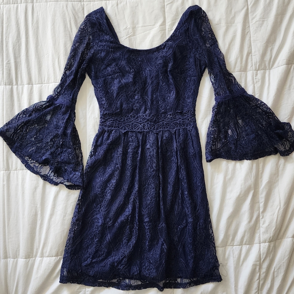 BCX Deep Blue Lace Dress with Bell Sleeves